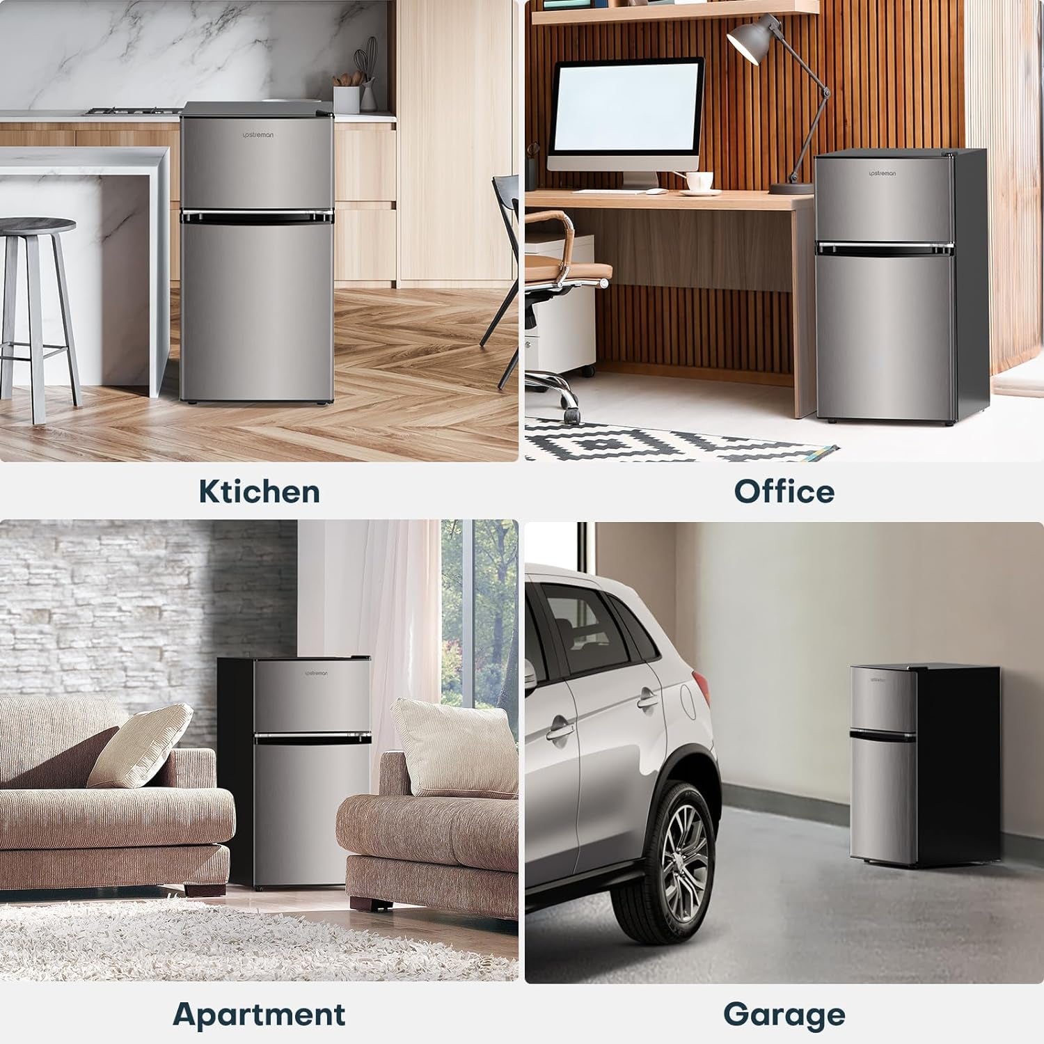 3.2 Cu.Ft Mini Fridge with Freezer, Stainless Steel 2 Door, Adjustable Thermostat, Low Noise, Energy-Efficient, Compact Refrigerator for Dorm, Office, Bedroom