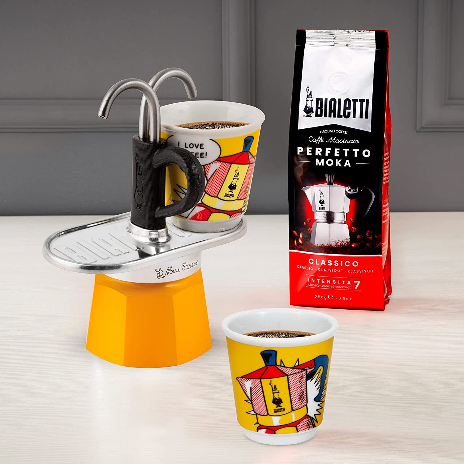 - Mini Express Lichtenstein: Moka Set Includes Coffee Maker 2-Cup (2.8 Oz) + 2 Shot Glasses, Yellow, Aluminium
