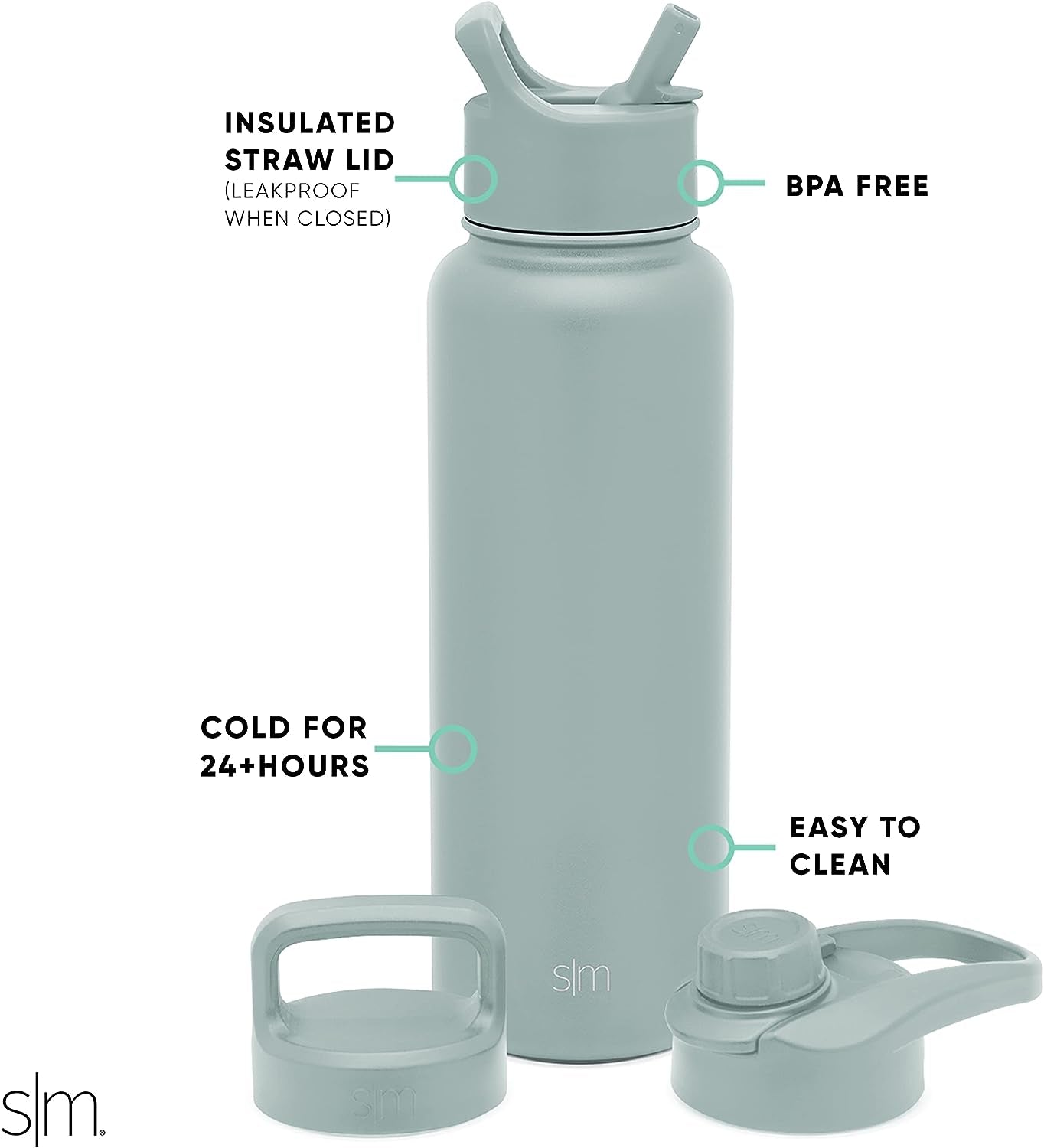 Water Bottle with Straw, Handle, and Chug Lid Vacuum Insulated Stainless Steel Thermos Bottles | Large Leak Proof Bpa-Free Sports Flask | Summit Collection | 40Oz, Sea Glass Sage