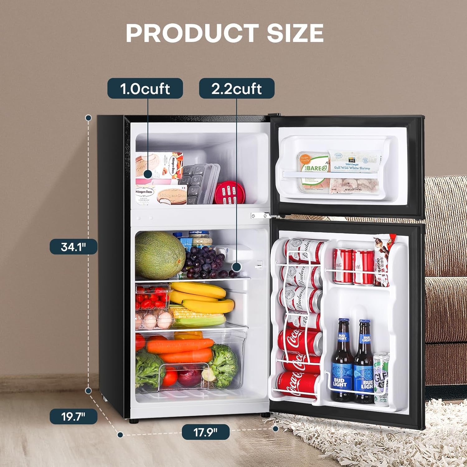 3.2 Cu.Ft Mini Fridge with Freezer, Stainless Steel 2 Door, Adjustable Thermostat, Low Noise, Energy-Efficient, Compact Refrigerator for Dorm, Office, Bedroom