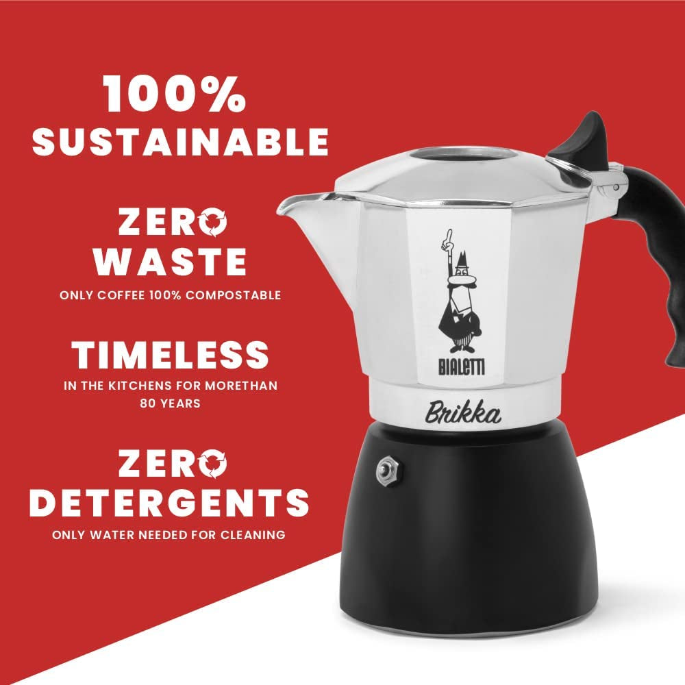 - New Brikka, Moka Pot, the Only Stovetop Coffee Maker Capable of Producing a Crema-Rich Espresso, 2 Cups (3,4 Oz), Aluminum and Black