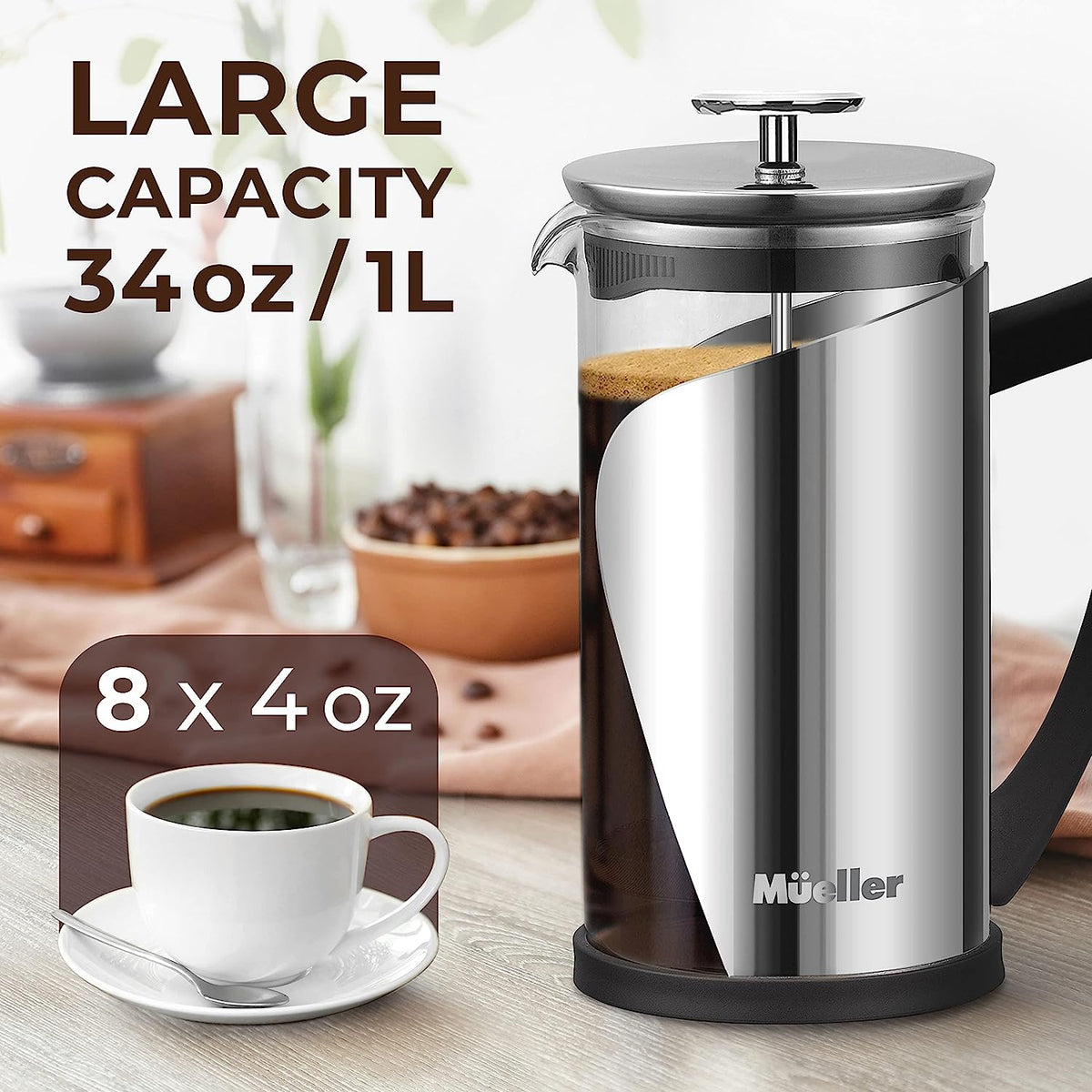 Mueller French Press Coffee, 20% Heavier Duty Stainless Steel Frame & Trumax Borosilicate Glass Coffee Press with 4 Level Filtration System, Easy Clean, 34Oz-8 Cups