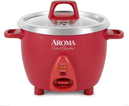Select Stainless Rice Cooker & Warmer with Uncoated Inner Pot, 6-Cup(Cooked)/ 1.2Qt, ARC-753SGR, Red