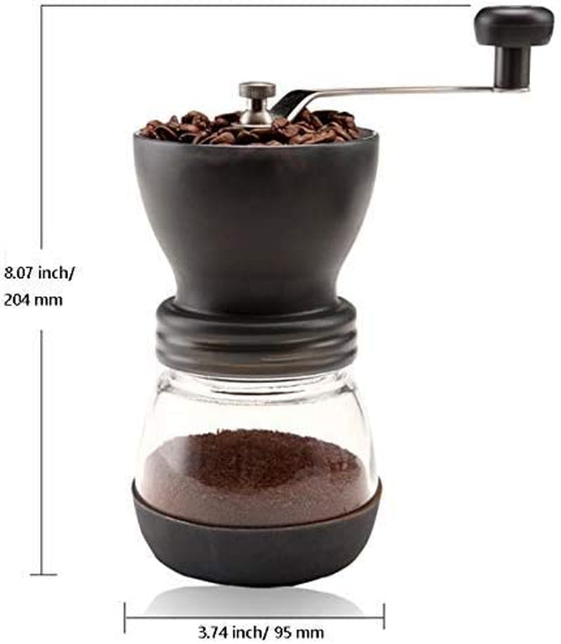 XIBLISS Manual Coffee Mill Grinder with Ceramic Burrs, with Stainless Steel Handle and Silicon Cove,Coffee Container Capacity:12 Oz（350 Ml）, Black