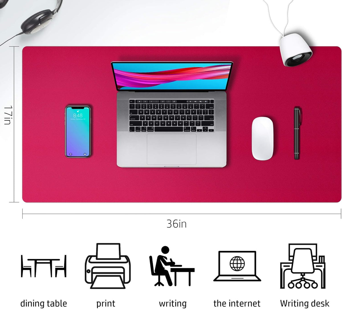 Leather Desk Pad Protector,Mouse Pad,Office Desk Mat, Non-Slip PU Leather Desk Blotter,Laptop Desk Pad,Waterproof Desk Writing Pad for Office and Home (36" X 17", Rose RED)