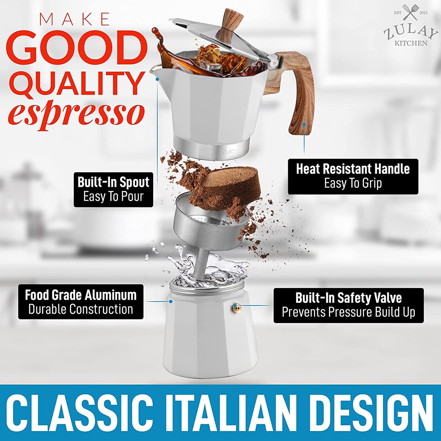 Zulay Classic Italian Style 5.5 Espresso Cup Moka Pot, Stovetop Maker for Great Flavored Strong Espresso, Makes Delicious Coffee, Easy to Operate & Quick Cleanup Pot (White)