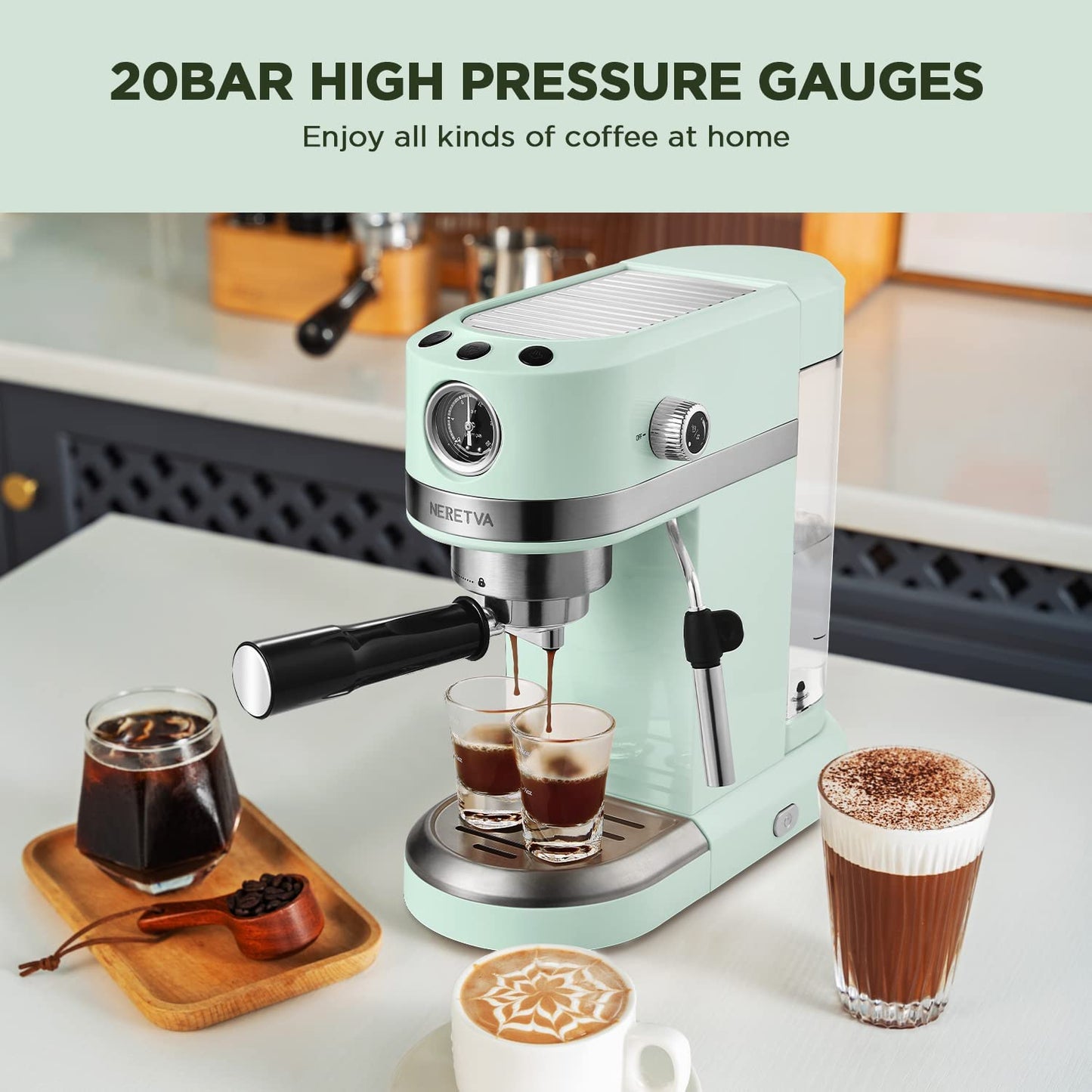20 Bar Espresso Coffee Machine with Steam Wand for Latte Espresso and Cappuccino, Compact Espresso Maker for Home Barista, 1350W Premium Italian High Pressure - Mint Green