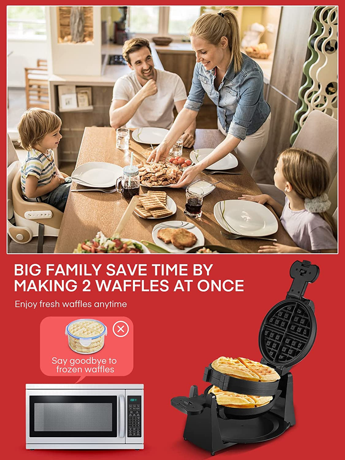 Waffle Maker, Belgian Waffle Maker Iron 180° Flip Double Waffle, 8 Slices, Rotating & Nonstick Plates, Removable Drip Tray, Cool Touch Handle, Black, 1400W