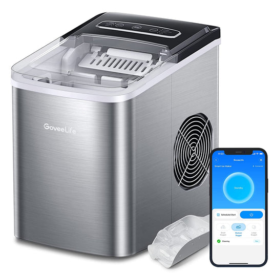Smart Countertop Ice Makers, Self-Cleaning, Portable Ice Maker Works with Alexa, 9 Cubes Ready in 6Min, 26Lbs/24H, for Home Kitchen Party Camping, with Ice Scoop Ice Basket Stainless Silver