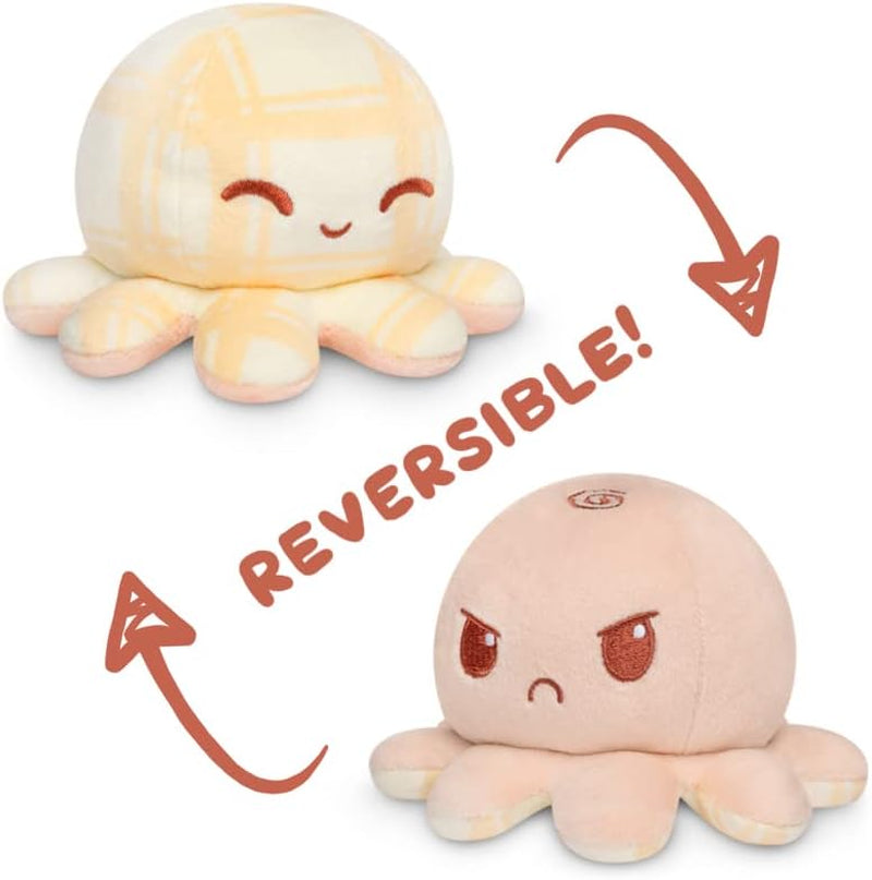 - the Original Reversible Octopus Plushie - Tan Plaid + Peach - Cute Sensory Fidget Stuffed Animals That Show Your Mood 4 Inch
