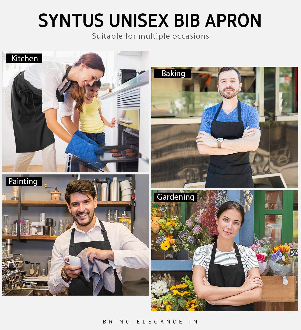2 Pack Adjustable Bib Apron Thicker Version Waterdrop Resistant with 2 Pockets Cooking Kitchen Aprons for Women Men Chef, White & Black