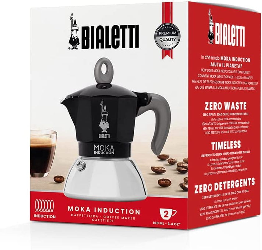 - Moka Induction, Moka Pot, Suitable for All Types of Hobs, 2 Cups Espresso (2.8 Oz), 90 Milliliters,Black