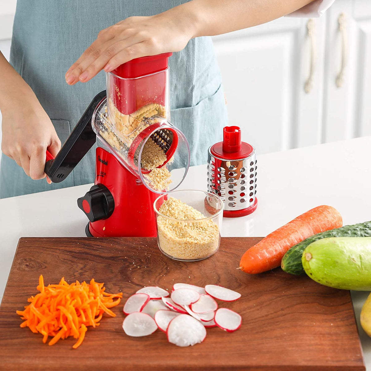 Rotary Cheese Grater, Kitchen Mandoline Grater with 2 Drum Blades, Easy to Clean Rotary Grater Cheese Shredder for Fruit, Vegetables, Nuts