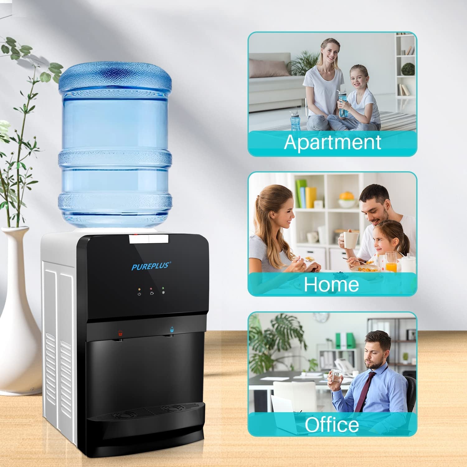 Water Cooler Top Loading Countertop Water Cooler Dispenser, Hot & Cold Water, Child Safety Lock, Holds 3 or 5 Gallon Bottles, Compression Refrigeration Technology, White