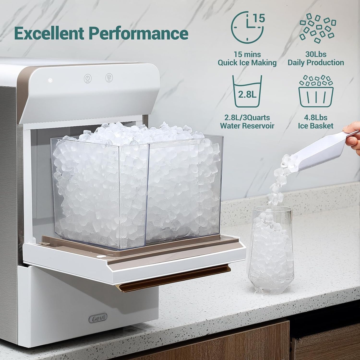 V2.0 Countertop Nugget Ice Maker | Self-Cleaning Pellet Ice Machine | Open and Pour Water Refill | Stainless Steel Housing | Fit under Wall Cabinet | White