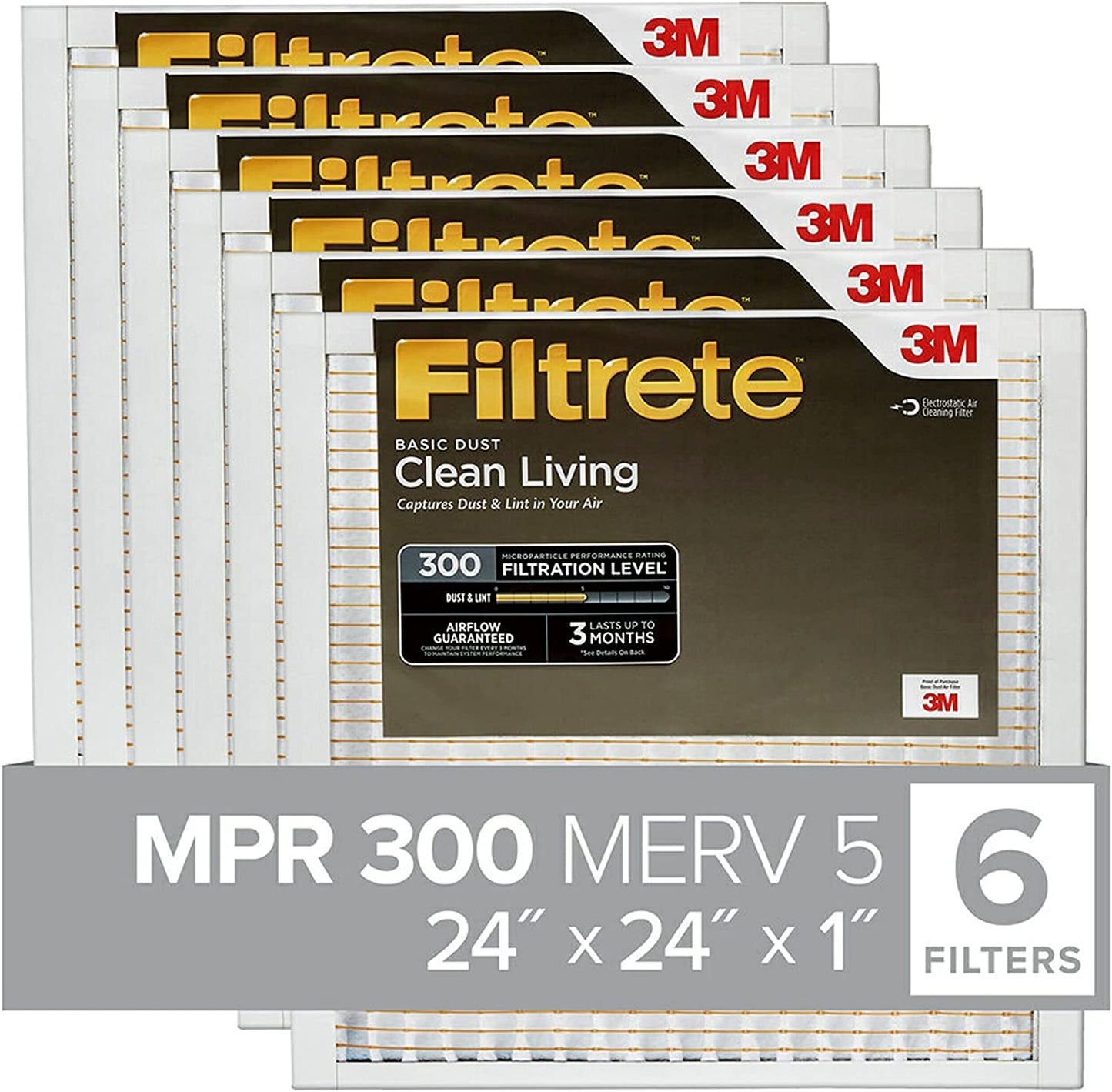 24X24X1 Air Filter, MPR 300, MERV 5, Clean Living Basic Dust 3-Month Pleated 1-Inch Air Filters, 6 Filters