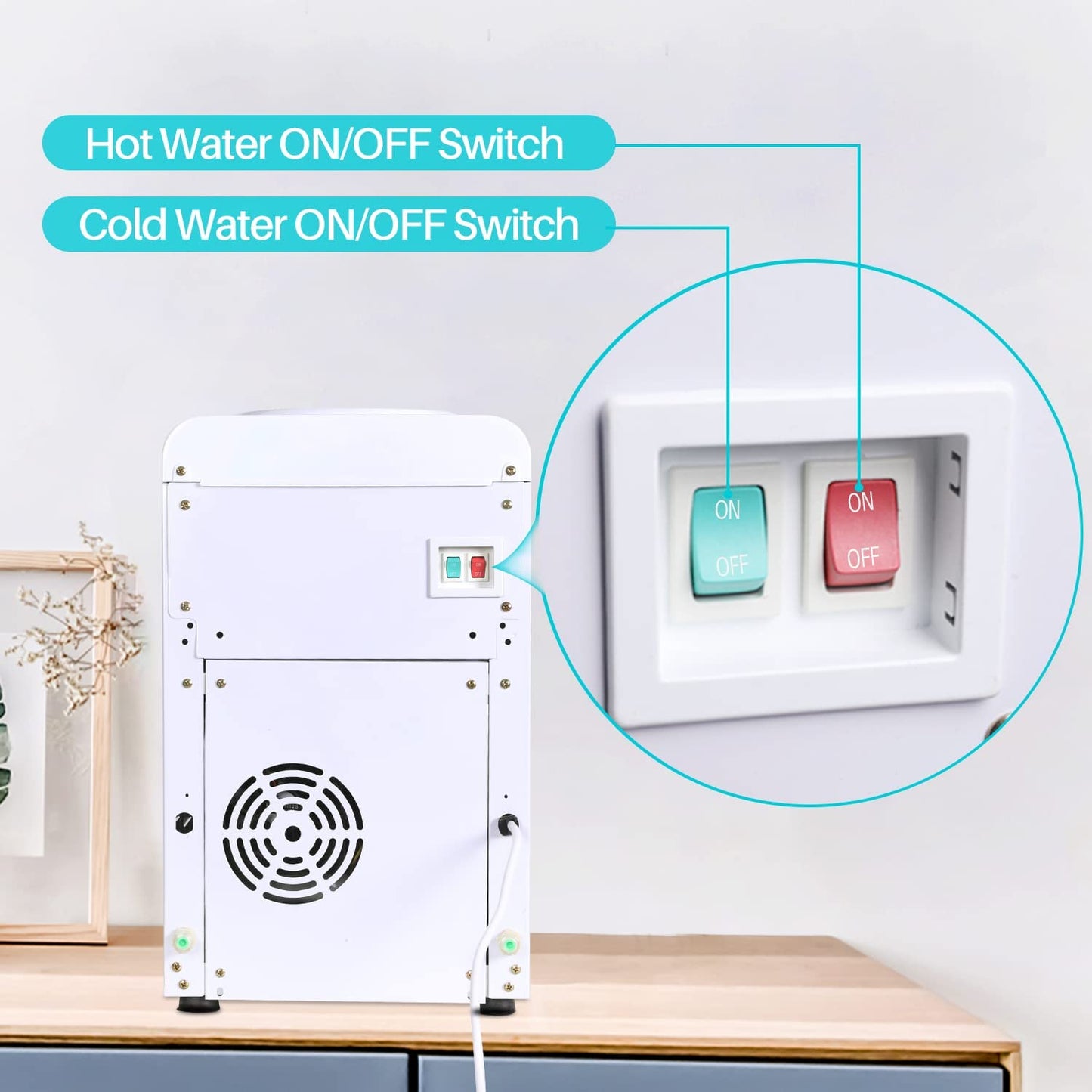 Water Cooler Top Loading Countertop Water Cooler Dispenser, Hot & Cold Water, Child Safety Lock, Holds 3 or 5 Gallon Bottles, Compression Refrigeration Technology, White