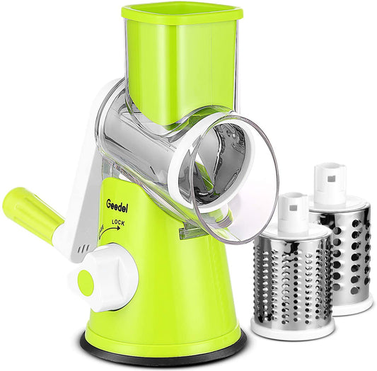 Rotary Cheese Grater, Kitchen Mandoline Vegetable Slicer with 3 Interchangeable Blades, Easy to Clean Rotary Grater Slicer for Fruit, Vegetables, Nuts