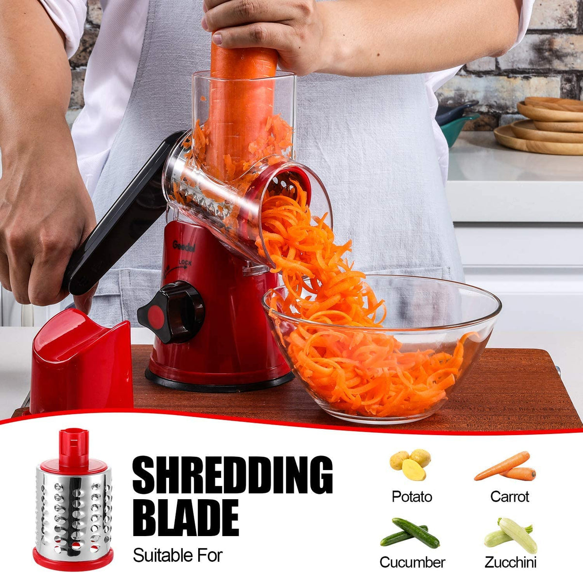 Rotary Cheese Grater, Kitchen Mandoline Grater with 2 Drum Blades, Easy to Clean Rotary Grater Cheese Shredder for Fruit, Vegetables, Nuts