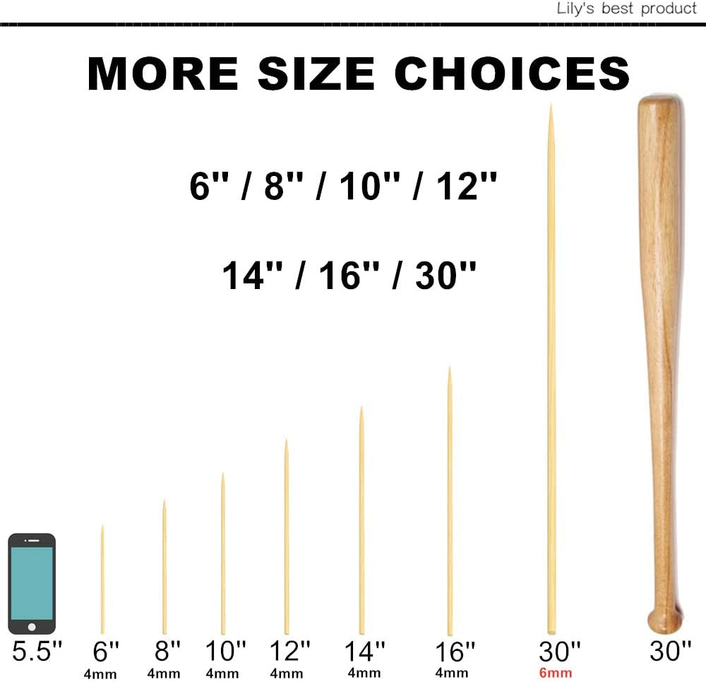 12" Natural Bamboo Skewers for Bbq，Appetiser，Fruit，Cocktail，Kabob，Chocolate Fountain，Grilling，Barbecue，Kitchen，Crafting and Party. Φ=4Mm, More Size Choices 6"/8"/10"/14"/16"/30"(100 PCS)