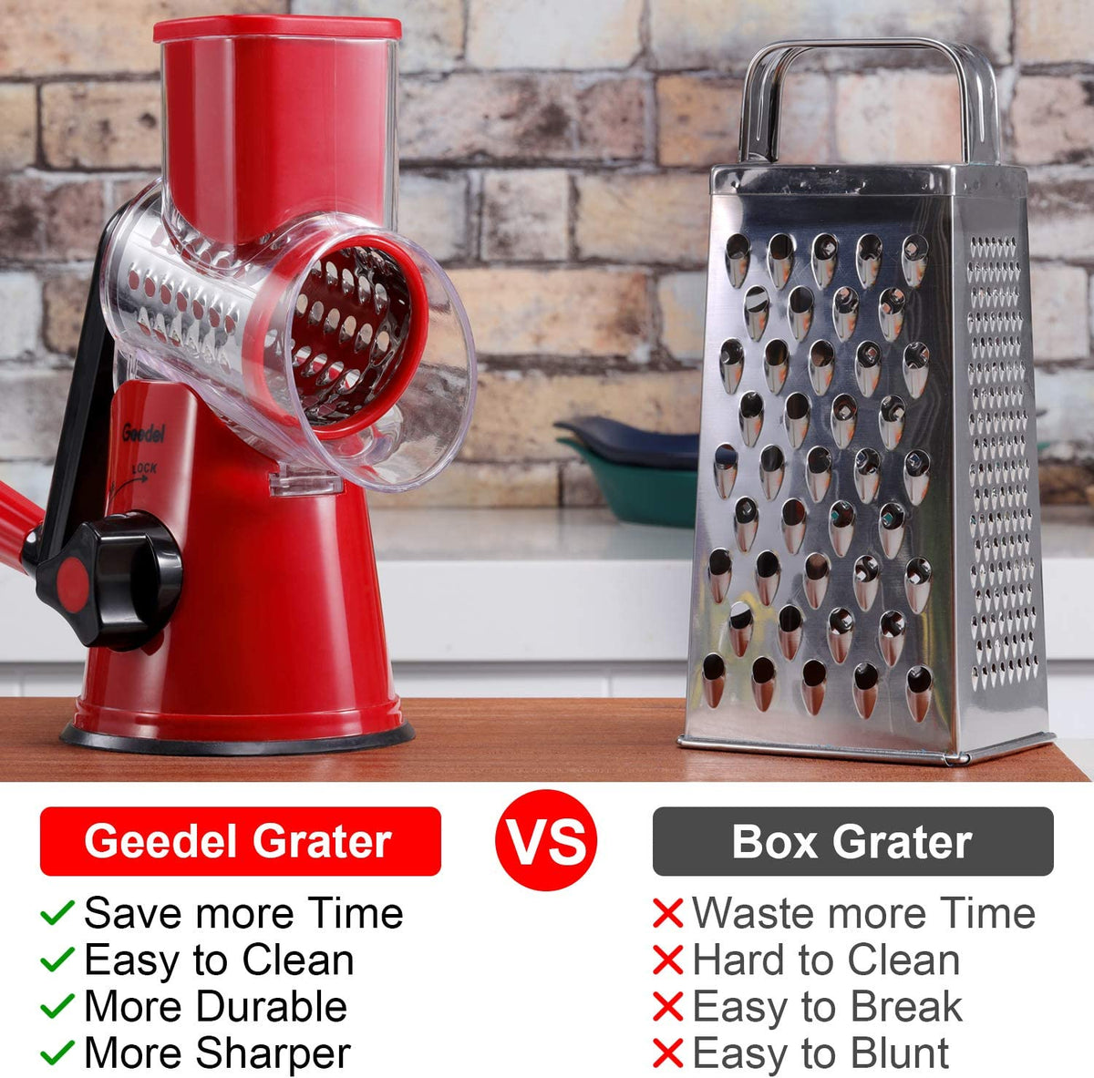 Rotary Cheese Grater, Kitchen Mandoline Grater with 2 Drum Blades, Easy to Clean Rotary Grater Cheese Shredder for Fruit, Vegetables, Nuts