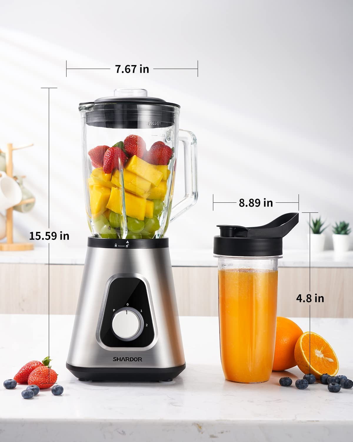 1200W Blender for Shake and Smoothies, Countertop Blender and Personal Blender Combo, 52Oz Glass Jar, 22Oz Travel Cup + 3 Adjustable Speed Control for Frozen Fruit Drinks, Smoothies, Sauces, Sliver