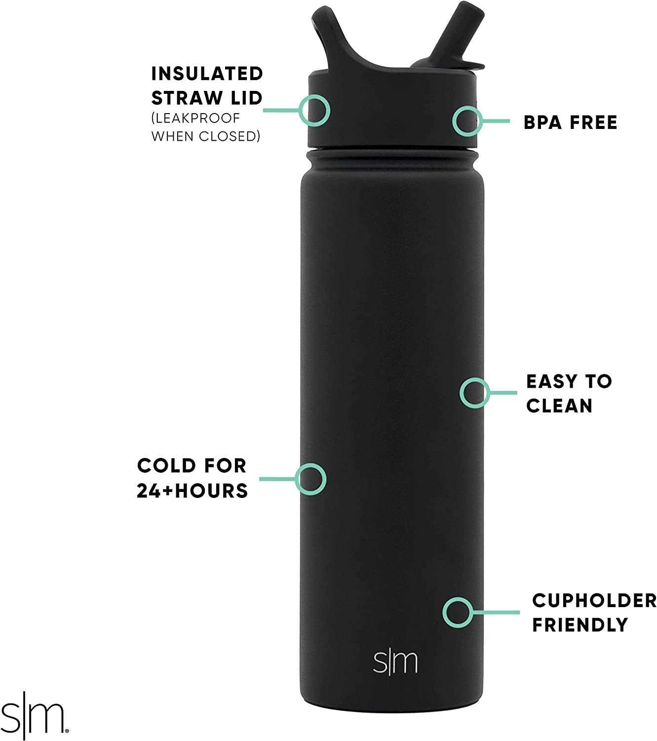 Water Bottle with Straw Lid Vacuum Insulated Stainless Steel Metal Thermos Bottles | Reusable Leak Proof Bpa-Free Flask for Gym Sports | Summit Collection | 22Oz, Midnight Black
