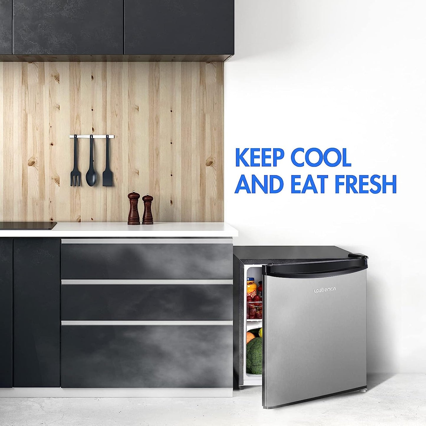 1.7 Cu.Ft Mini Fridge with Freezer, Adjustable Thermostat, Energy Saving, Low Noise, Single Door Compact Refrigerator for Dorm, Office, Bedroom, Stainless- FR17