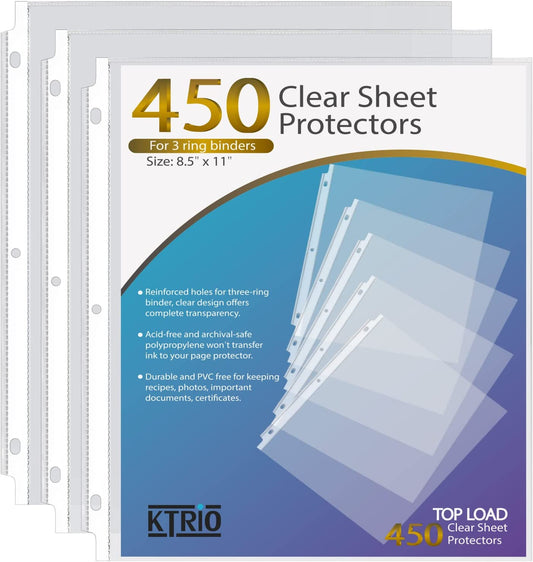 Sheet Protectors 8.5 X 11 Inch Clear Page Protectors for 3 Ring Binder, Plastic Sleeves for Binders, Top Loading Paper Protector Letter Size, 450 Pack