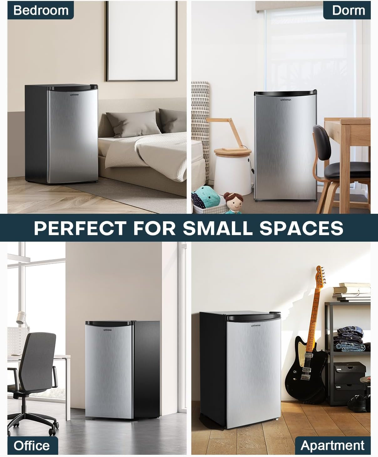 3.2 Cu.Ft Mini Fridge with Freezer, Single Door Mini Fridge, Adjustable Thermostat, Mini Refrigerator for Dorm, Office, Bedroom, Stainless Steel-Sr321