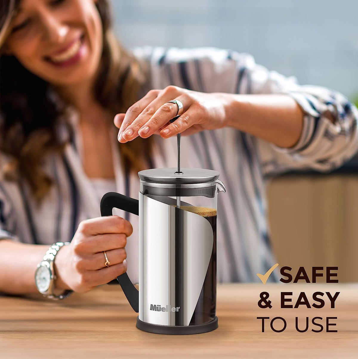 Mueller French Press Coffee, 20% Heavier Duty Stainless Steel Frame & Trumax Borosilicate Glass Coffee Press with 4 Level Filtration System, Easy Clean, 34Oz-8 Cups