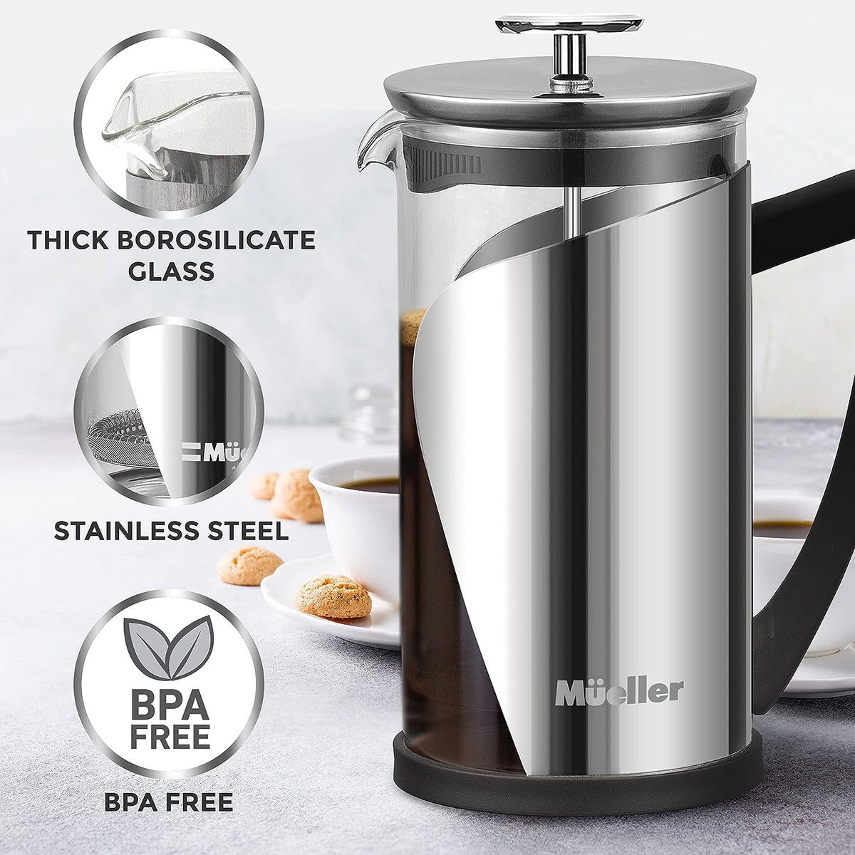 Mueller French Press Coffee, 20% Heavier Duty Stainless Steel Frame & Trumax Borosilicate Glass Coffee Press with 4 Level Filtration System, Easy Clean, 34Oz-8 Cups