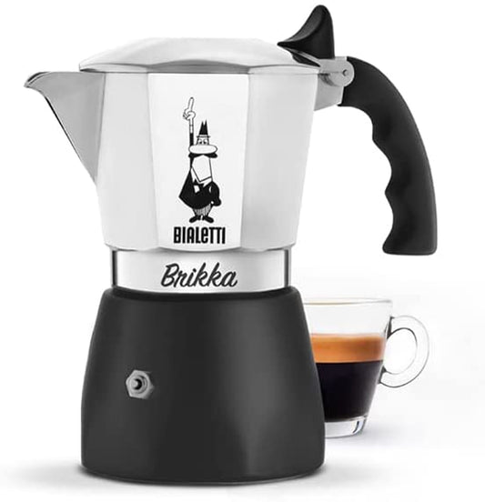 - New Brikka, Moka Pot, the Only Stovetop Coffee Maker Capable of Producing a Crema-Rich Espresso, 2 Cups (3,4 Oz), Aluminum and Black