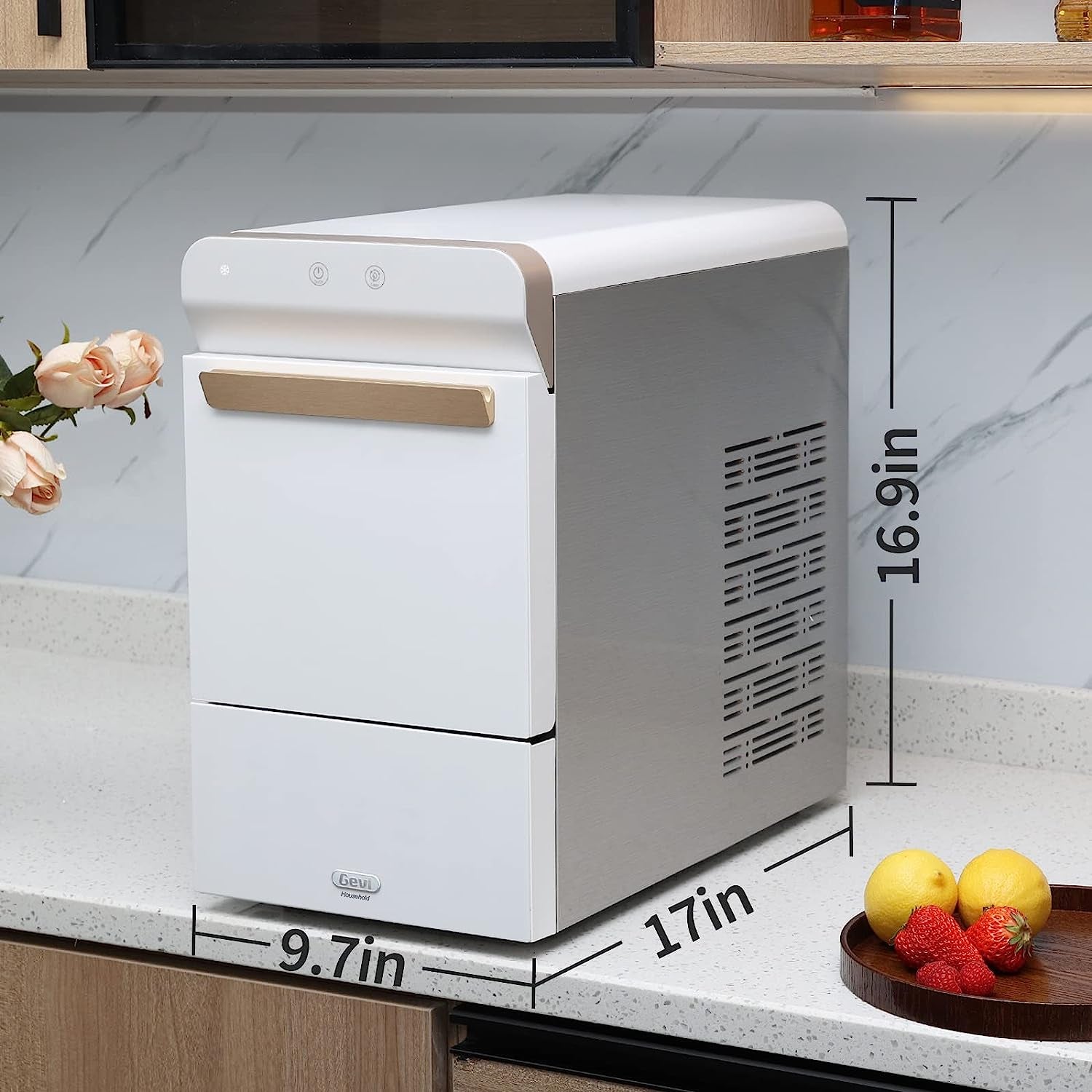V2.0 Countertop Nugget Ice Maker | Self-Cleaning Pellet Ice Machine | Open and Pour Water Refill | Stainless Steel Housing | Fit under Wall Cabinet | White