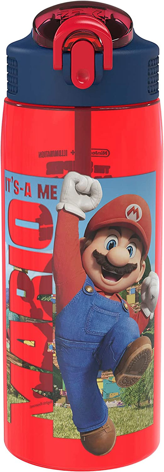 the Super Mario Bros. Movie Water Bottle for School or Travel, 25 Oz Durable Plastic Water Bottle with Straw, Handle, and Leak-Proof, Pop-Up Spout Cover (Mario, Toad)