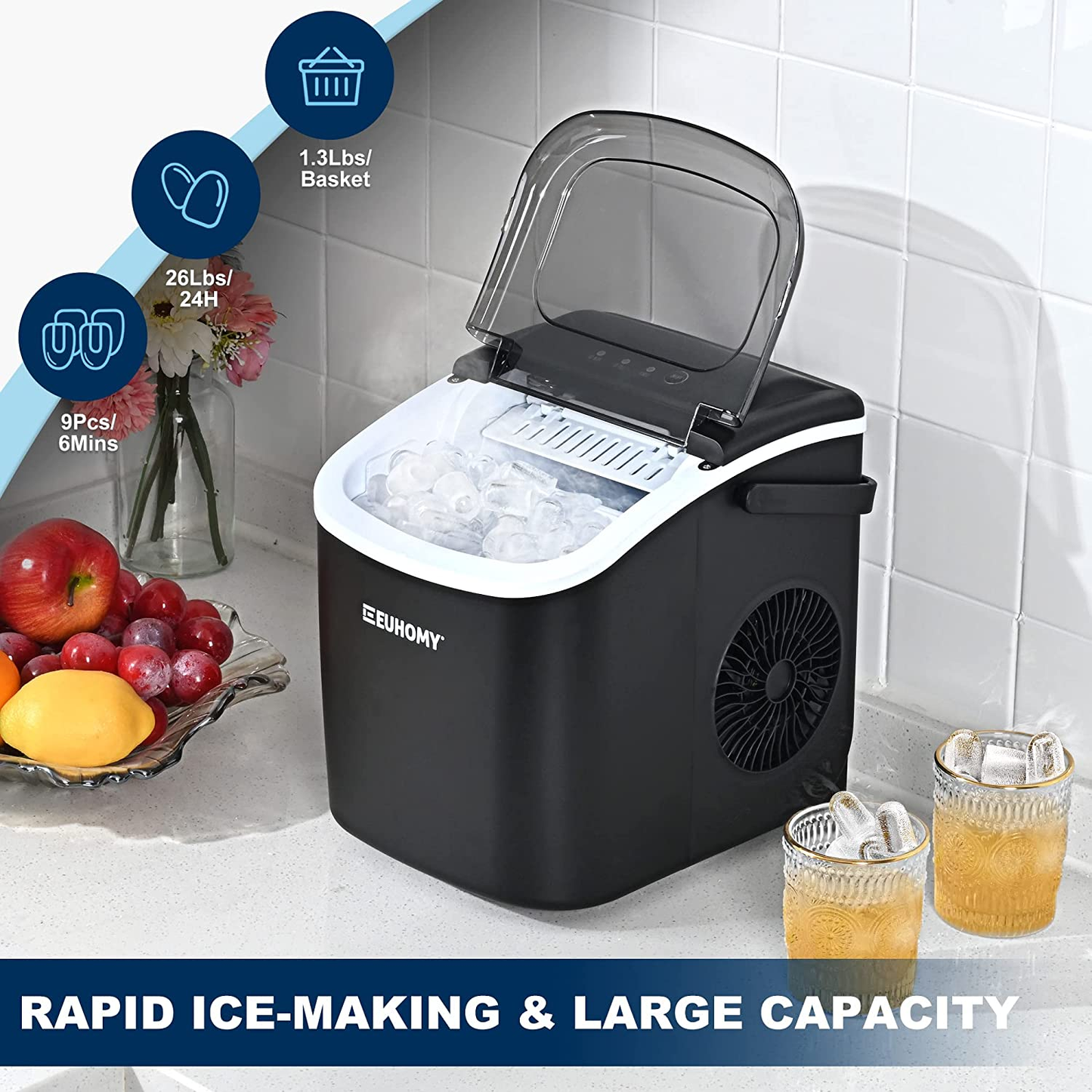 Euhomy Ice Maker Machine Countertop with Handle, 26Lbs/24H, 9 Bullet Ice Cubes Ready in 6 Mins, Auto-Cleaning, Portable Ice Maker with Basket and Scoop, for Home/Kitchen/Camping/Rv. (Black)