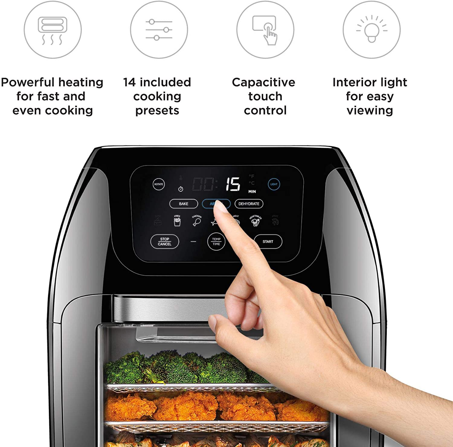 Multifunctional Digital Air Fryer+ Rotisserie, Dehydrator, Convection Oven, 17 Touch Screen Presets Fry, Roast, Dehydrate & Bake, Auto Shutoff, Accessories Included, XL 10L Family Size, Black
