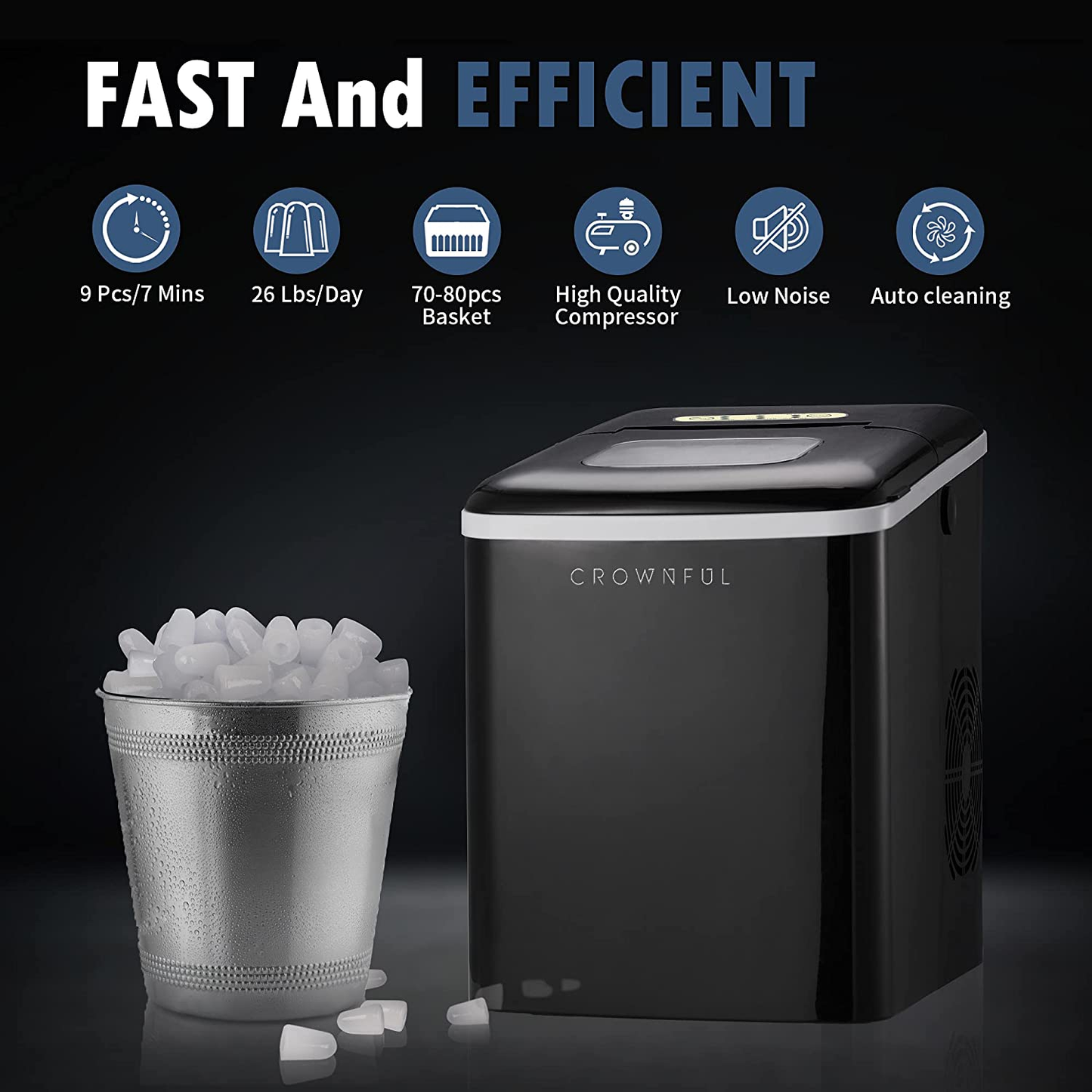 Ice Maker Machine for Countertop, 9 Bullet Ice Cubes S/L Ready in 7 Minutes, 26Lbs/24H, Auto Self-Cleaning, Portable Small Ice Maker with Scoop and Basket (Black)