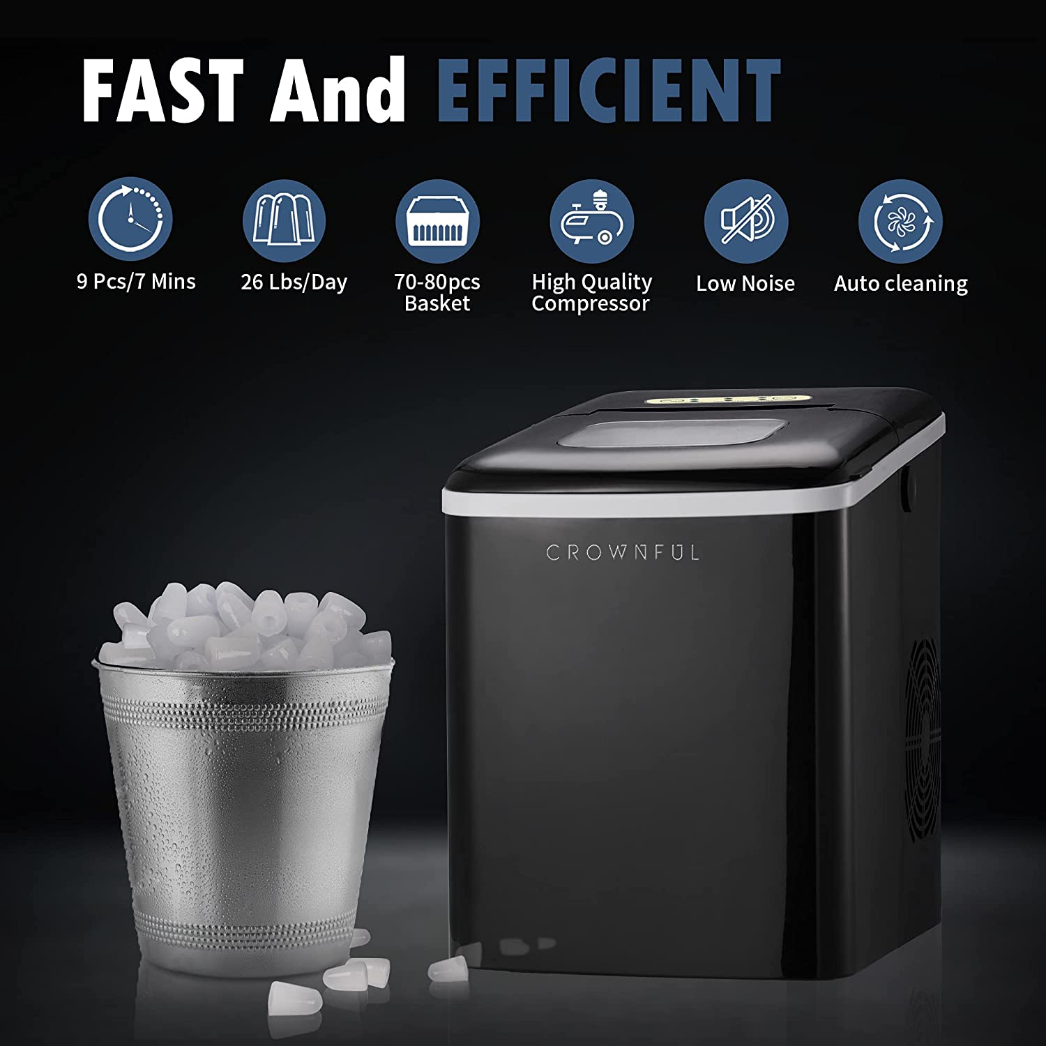 Ice Maker Machine for Countertop, 9 Bullet Ice Cubes S/L Ready in 7 Minutes, 26Lbs/24H, Auto Self-Cleaning, Portable Small Ice Maker with Scoop and Basket (Black)