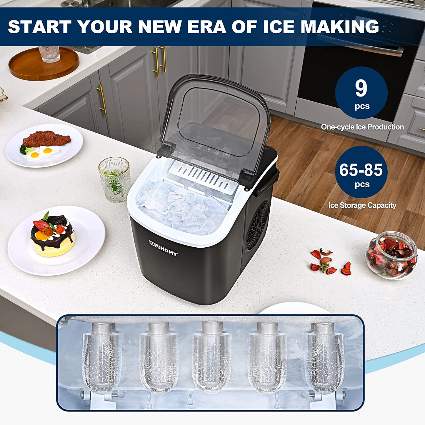 Euhomy Ice Maker Machine Countertop with Handle, 26Lbs/24H, 9 Bullet Ice Cubes Ready in 6 Mins, Auto-Cleaning, Portable Ice Maker with Basket and Scoop, for Home/Kitchen/Camping/Rv. (Black)