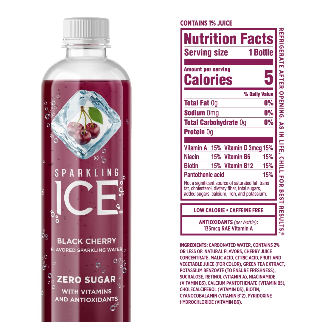 Sparkling Ice, Black Cherry Sparkling Water, Zero Sugar Flavored Water, with Vitamins and Antioxidants, Low Calorie Beverage, 17 Fl Oz Bottles (Pack of 12)
