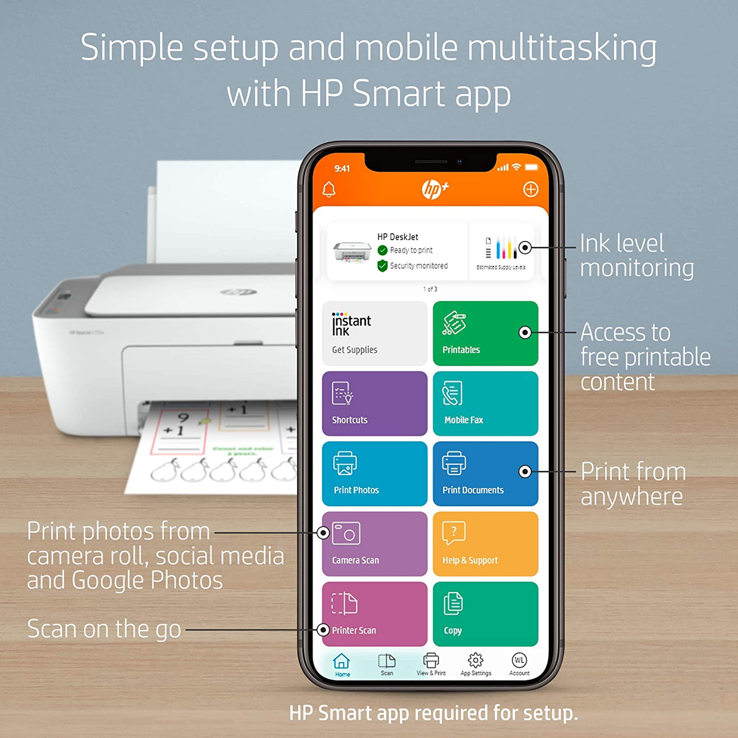 Deskjet 2755E Wireless Color All-In-One Printer with Bonus 6 Months Instant Ink with + (26K67A)