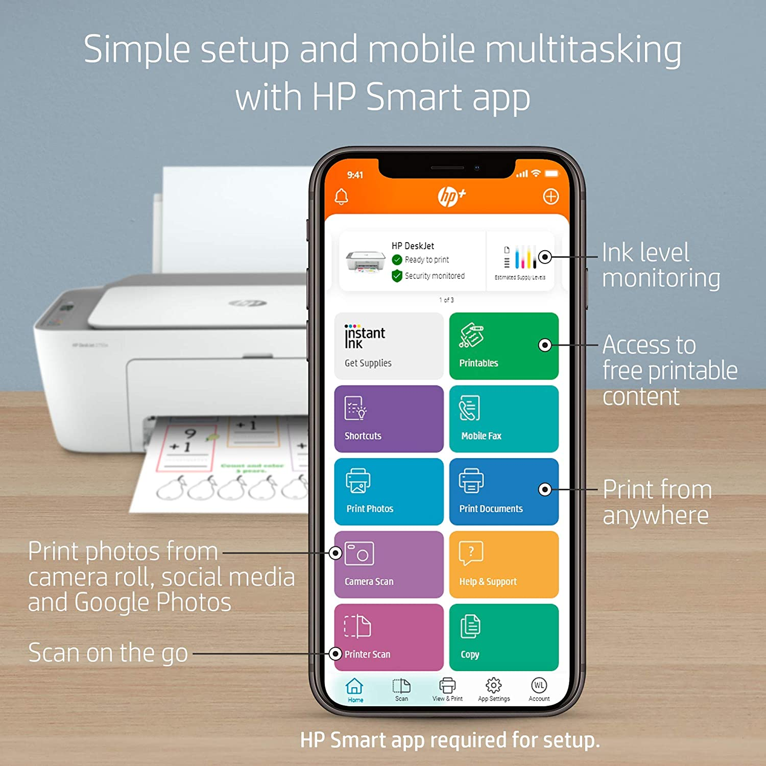 Deskjet 2755E Wireless Color All-In-One Printer with Bonus 6 Months Instant Ink with + (26K67A)