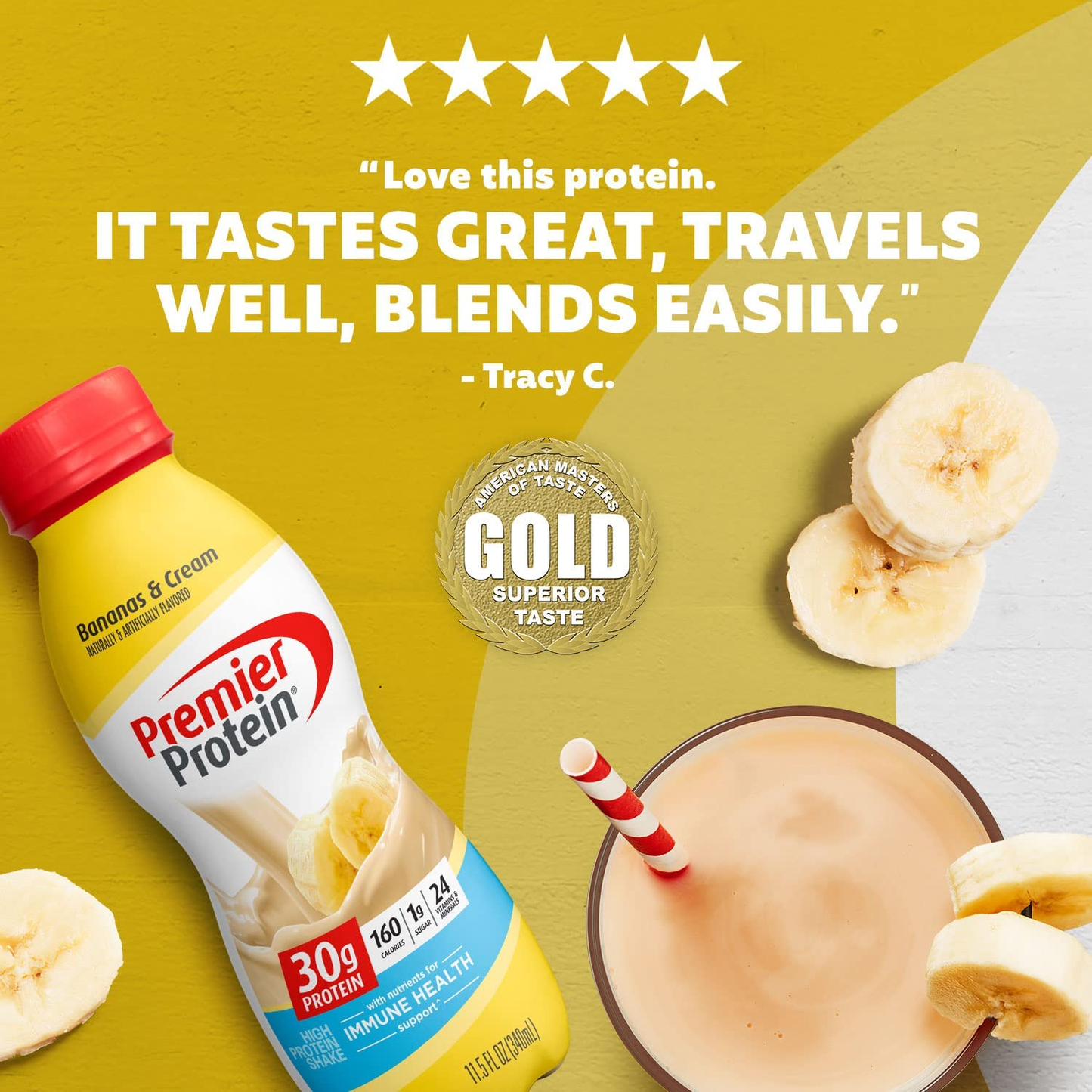 Premier Protein Shake, Bananas & Cream, 30g Protein, 1g Sugar, 24 Vitamins & Minerals, Nutrients to Support Immune Health, 138.0 Fl Oz, Pack of 12