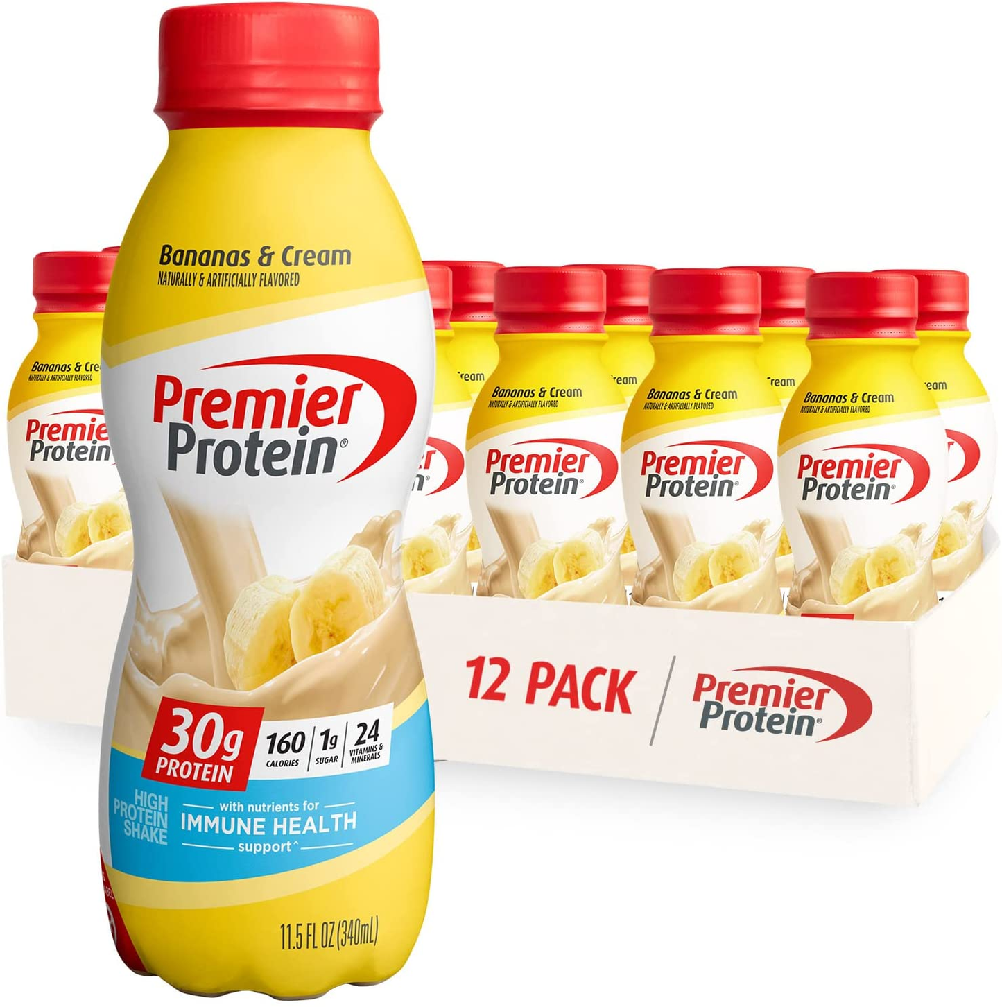 Premier Protein Shake, Bananas & Cream, 30g Protein, 1g Sugar, 24 Vitamins & Minerals, Nutrients to Support Immune Health, 138.0 Fl Oz, Pack of 12