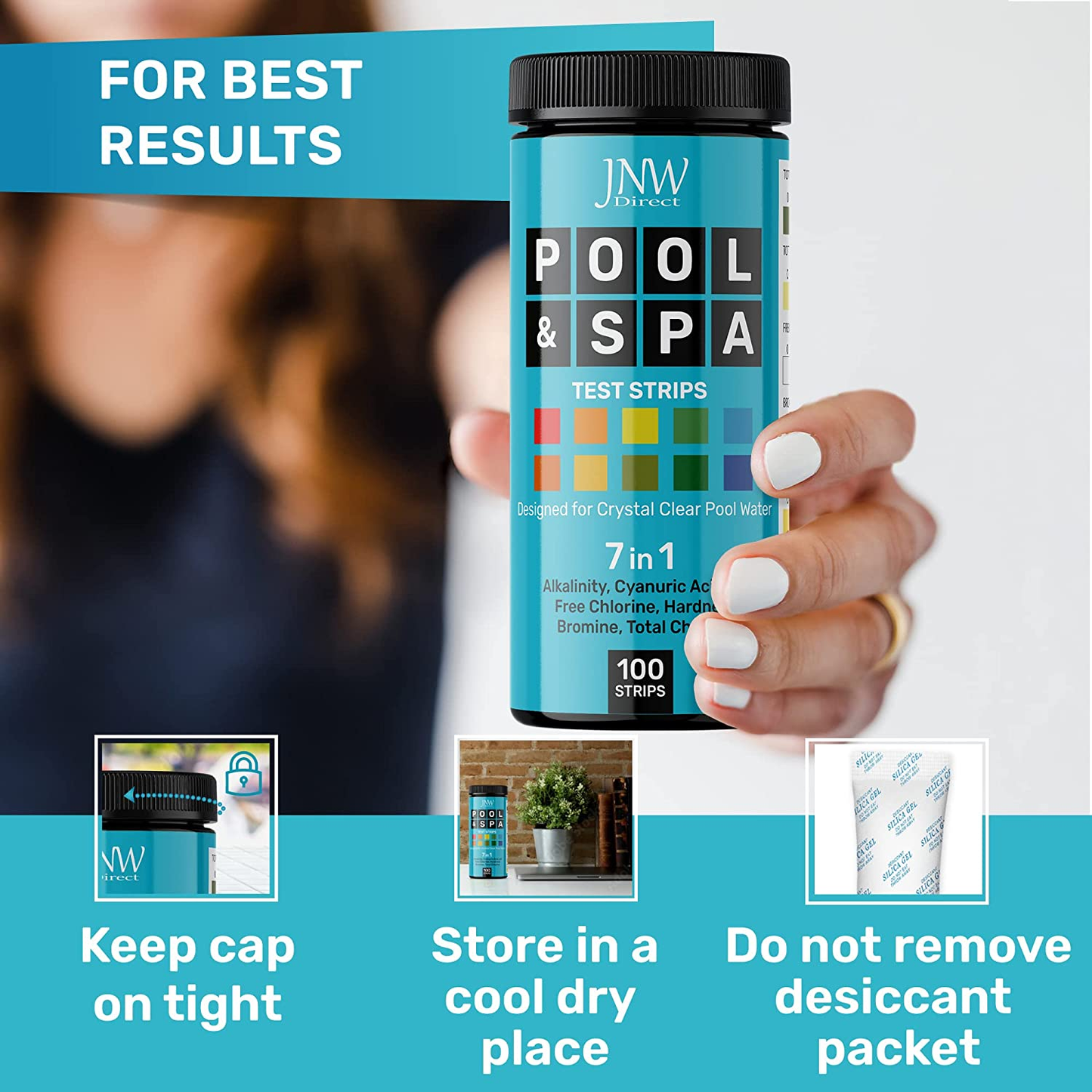 Pool and Spa Test Strips - Quick and Accurate Pool Test Strips - 7-1 Pool Test Kit - 100 Bromine, Ph, Hardness and Chlorine Test Strips - with E-Book - 100 Water Test Strips -