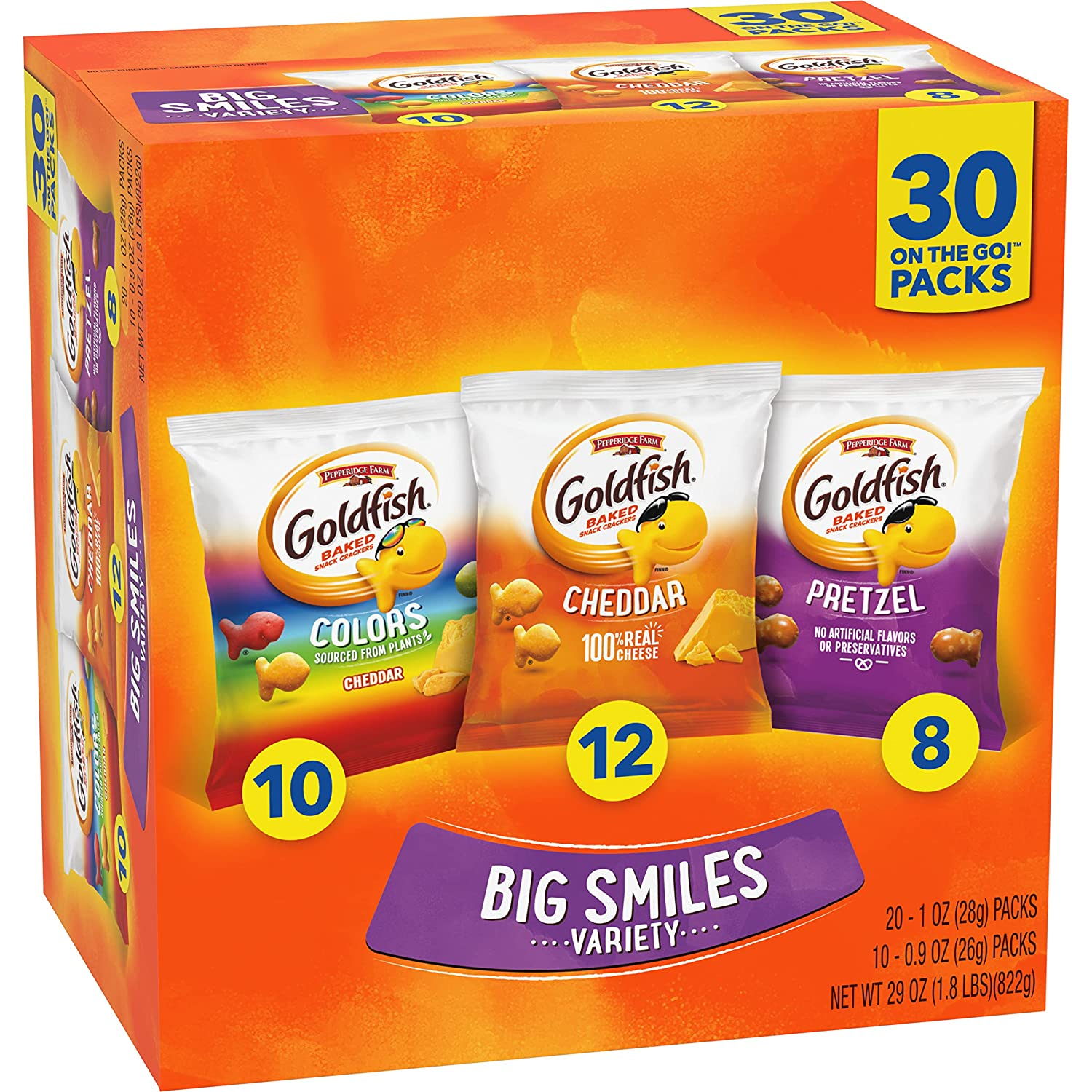 Goldfish Crackers Big Smiles with Cheddar, Colors, and Pretzel Crackers, Snack Packs, 30 CT Variety Pack Box
