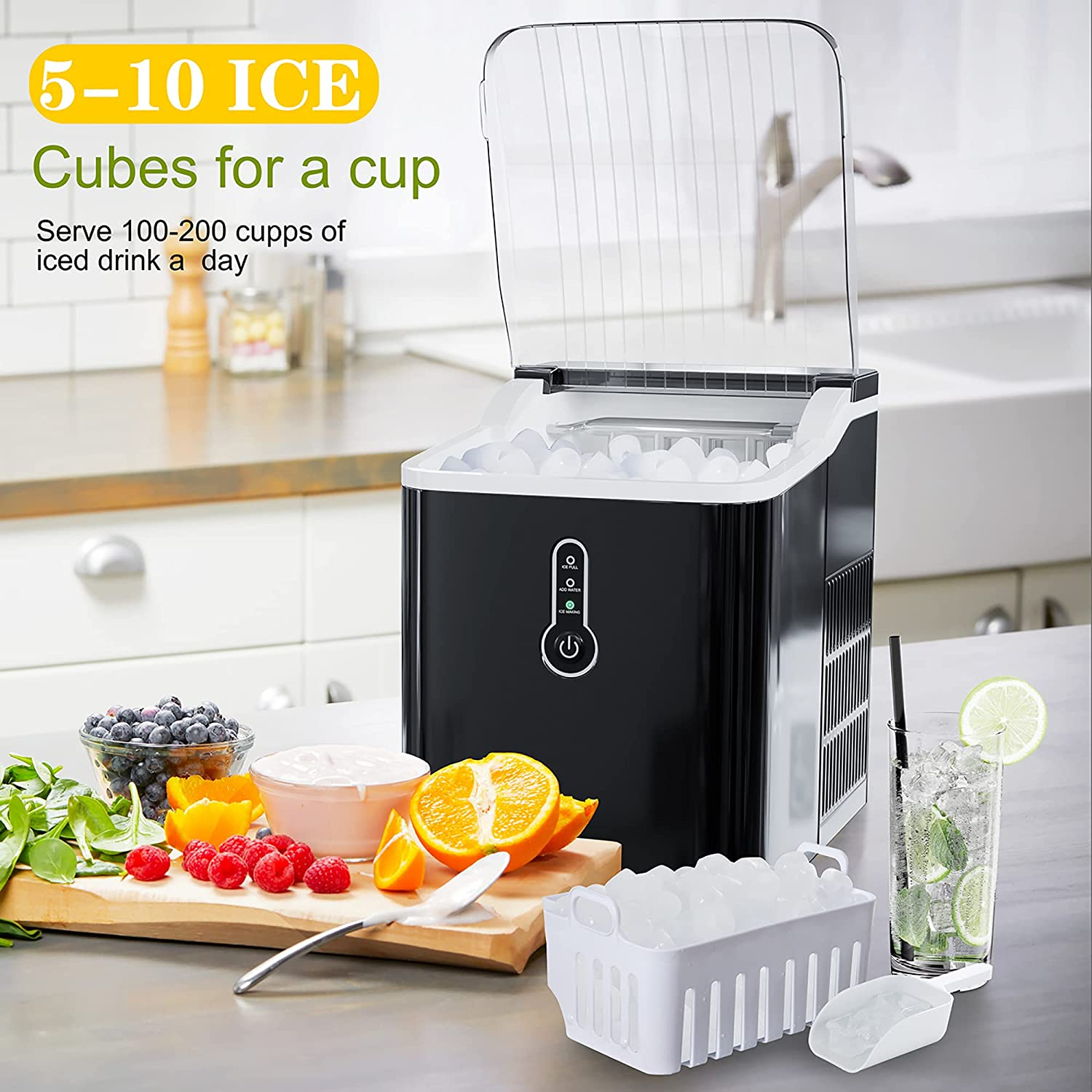 Ice Maker Countertop, Efficient Easy Carry Ice Maker, Self-Cleaning Ice Maker with Ice Scoop & Basket, 9Pcs/ 8Mins 26.6Lbs per Day for Home/Office/Kitchen, Black