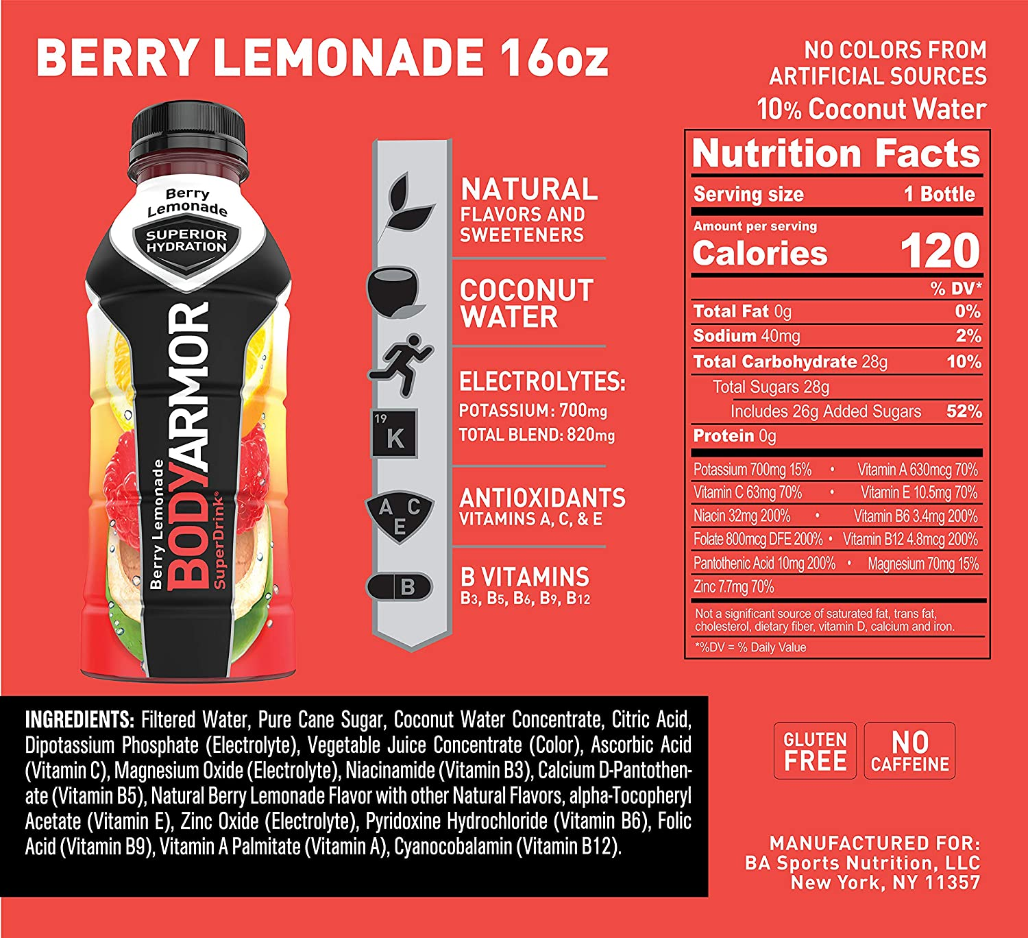 BODYARMOR Sports Drink Sports Beverage, Berry Lemonade, Natural Flavors with Vitamins, Potassium-Packed Electrolytes, No Preservatives, Perfect for Athletes, 16 Fl Oz (Pack of 12)