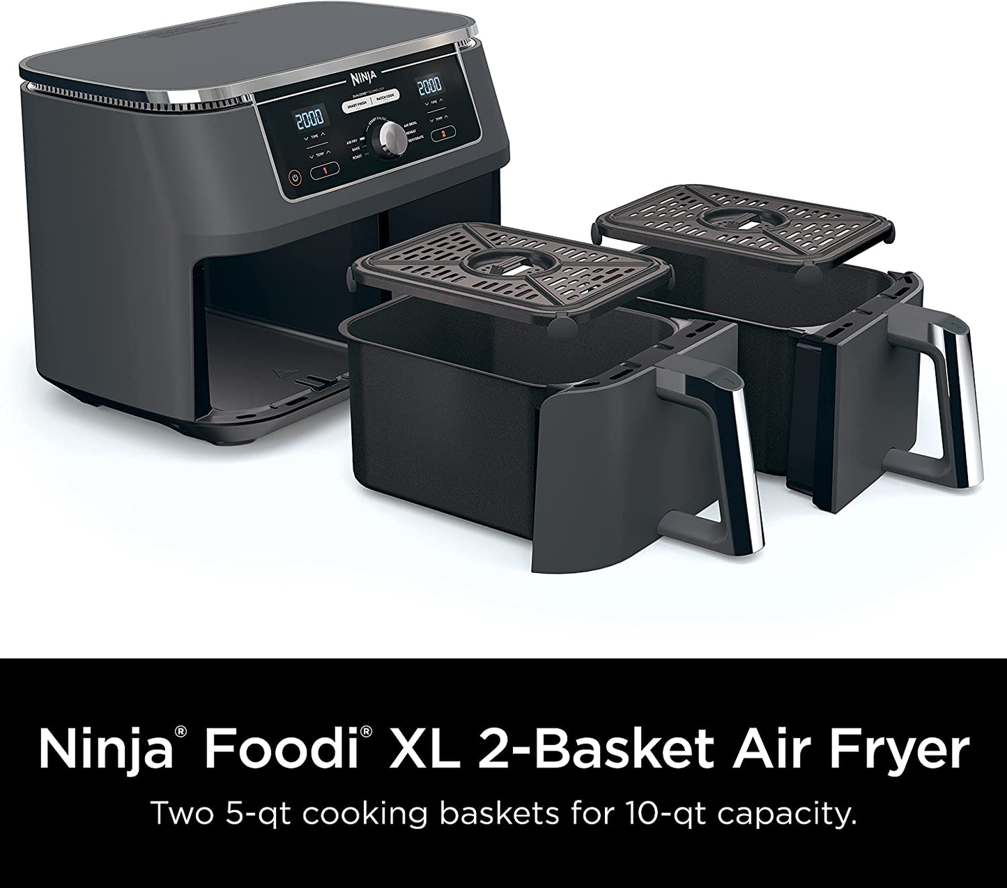 DZ401 Foodi 10 Quart 6-In-1 Dualzone XL 2-Basket Air Fryer with 2 Independent Frying Baskets, Match Cook & Smart Finish to Roast, Broil, Dehydrate & More for Quick, Easy Family-Sized Meals, Grey
